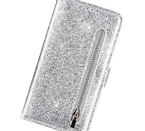 Funda Compatible con Huawei Mate 20 Pro,Cárcasa Cuero Brillo Brillante Purpurinas Diseño Cremallera Ranuras para Tarjetas Case Cartera PU Flip Soporte Plegable Cierre Magnético Pulsera Bumper,Plata