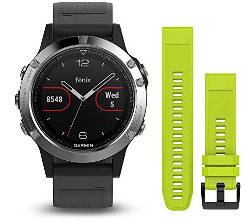 Garmin Fenix 5 - Reloj multideporte, con GPS y medidor de frecuencia cardiaca, lente de cristal y bisel de acero inoxidable, 47 mm, Silver pack 2 correas (Negra y Amarilla fluor)