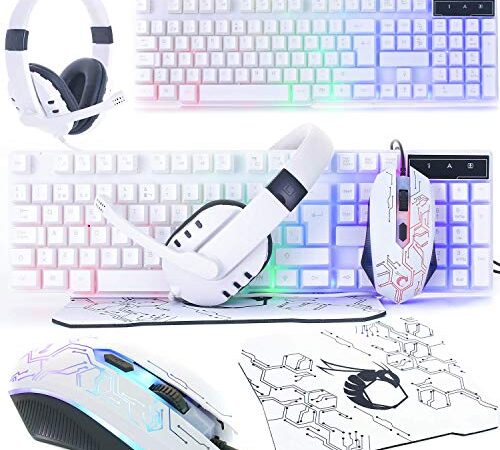 Orzly Teclado y Raton Gaming - Combo Ratón y Teclado USB [RGB LED Retroiluminación], Cascos Gamer, Alfombrilla de Ratón - para Usuarios PC, Xbox y PS4 [Hornet RX250 Blanco]