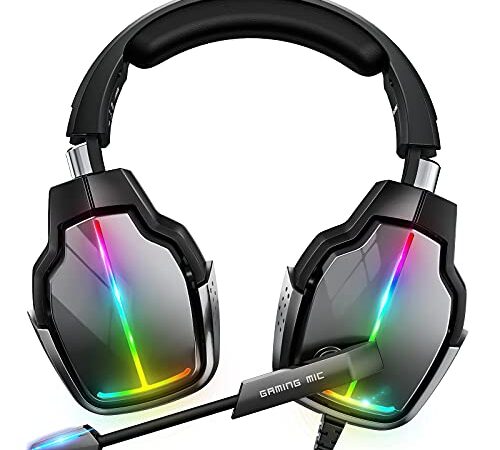 Cascos Gaming PS4, Giratorio de 90° y 4 Modos de Iluminación RGB Auriculares Gaming, Transductores 50mm, Micrófono con Premium Estéreo, Compatibles con PS4, PS5, Xbox One, PC, Switch