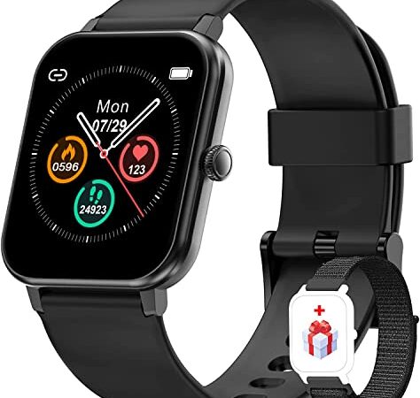 IOWODO Smartwatch R3PRO,Reloj Inteligente Hombre Mujer con Oxímetro(SpO2),1.69" Pantalla con Termómetro Pulsómetro Sueño Podómetro,Pulsera Actividad Impermeable IP68 para Android IOS(Nuevo -2 Correas)