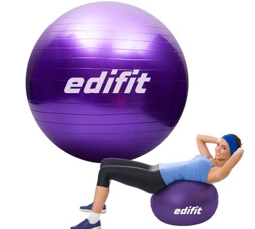 Edifit, Pelota de Pilates, 55, 65 y 75 cm, Yoga Accesorios, Fitness, Varios Tamaños, Pequeño, Mediano, Grande, Gimnasio en Casa, Embarazo, Incluye Inflador (65cm, Violeta)