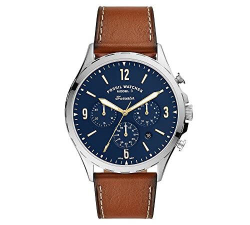 FOSSIL Reloj para hombre Forrester Chrono, caja de 46 mm, movimiento cronógrafo, correa de piel