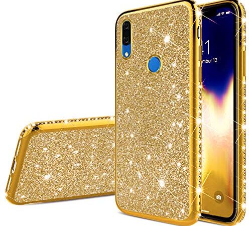 QPOLLY Compatible con Huawei Y9 Prime 2019/P Smart Z Funda Glitter Bling Glossy Plating Silicone TPU Ultra Delgado Transparent Gel Parachoque Funda Protectora Suave para Huawei Y9 Prime 2019,Gold