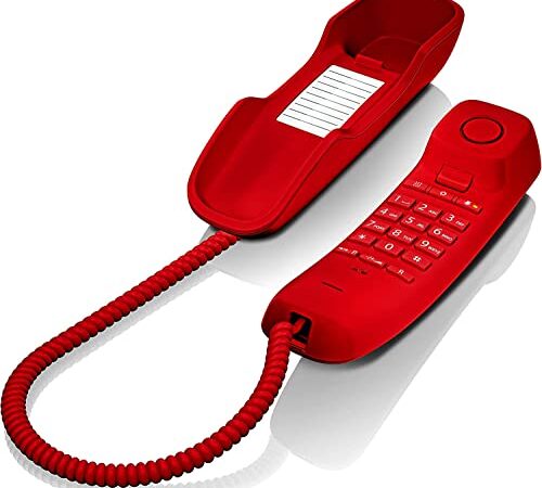 Gigaset DA210 - Teléfono con cable elástico - Espacio para 10 entradas de marcación rápida - Rellamada - Compatible con audífonos - Melodía y volumen del timbre ajustables - Color Rojo