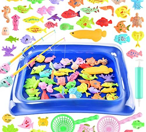 KCCCT 45Pcs Juguete de Pesca para Niños, Juego de Pesca Juguete Educativo&Interactivo de Pesca con Caña Juegos de Agua para Niños y Deportes al Aire Libre para Bebé