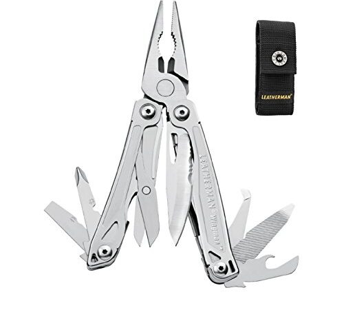 Leatherman Wingman - Multiherramienta de bricolaje hecha en EE.UU. con 14 herramientas, opción de bloqueo, alicates, destornilladores y un abrebotellas, en acero inoxidable con una funda de nylon