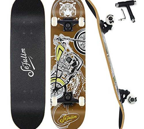 Sefulim Skull Skateboard Complete 31x8 Inches Double Kick Trick Skateboards Cruiser Penny Beginners Longboard with Maple Deck Adult Boys Also Girls Skateboard … (Motorcycle)