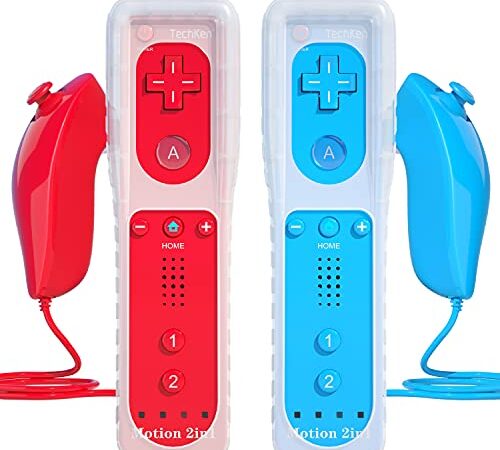 TechKen Pack de 2 Mandos para Wii con Muñequera,Wii Mando a Distancia Remote Controller para Wii con Motion Plus y Nunchuk