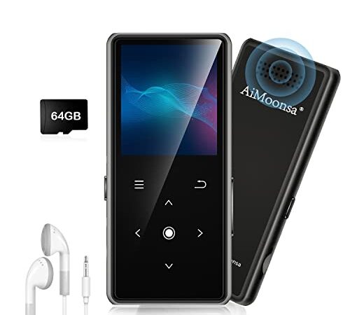 64GB Reproductor MP3, AiMoonsa Reproductor de Música con Bluetooth 5.2, Altavoz HD Integrado, Radio FM, Grabadora de Voz, Sonido HiFi, Función E-Book, Auriculares Incluidos