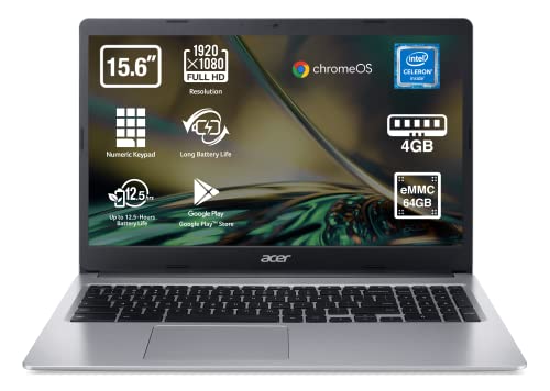 Acer Chromebook 315-3H - Ordenador Portátil 15.6" Full HD LED, Laptop (Intel Celeron N4020, 4GB RAM, 64GB eMMc, Intel UHD Graphics 600, Chrome OS), PC Portátil Color Plata - Teclado Qwerty Español