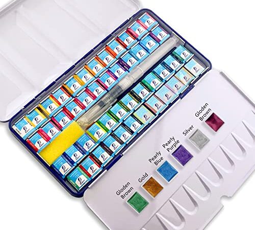 Acuarelas Profesionales de Artista, Juego de Acuarelas de 48 Colores de con 6 Colores Metálicos, Ideal para Niños Principiantes y Usuarios Avanzados con Altos Estándares de Calidad