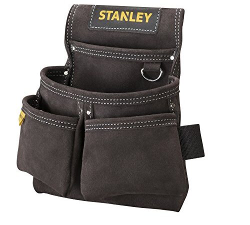 Stanley STST1-80116-Bolsa portaherramientas de cuero de primera calidad,4 bolsillos,Soporte especial para flexómetro,Refuerzo de remaches,Doble costura,Abertura amplia para el cinturón- 30x 7x 33 cm